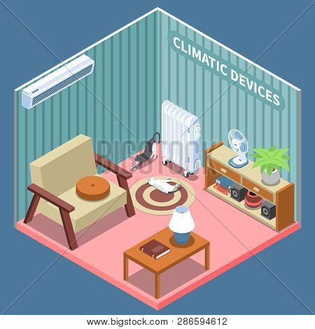 Home Climate Control Isometric Composition Illustrated Living Room With Furniture And Climatic Devic