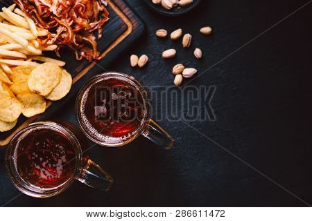 Beer And Snacks. Bar Table. Restaurant, Pub, Oktoberfest Food. Craft Lager Drink, Chips, Pork Ears, 