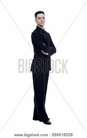 Posture And Confidence Concept. Guy On Confident Face Dressed In Formal Luxury Suit Posing With Post