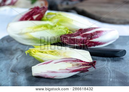 Group Of Fresh Green Belgian Endive Or Chicory And Red Radicchio Vegetables, Also Known As Witlof Sa