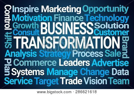Business Transformation Word Cloud on Blue Background