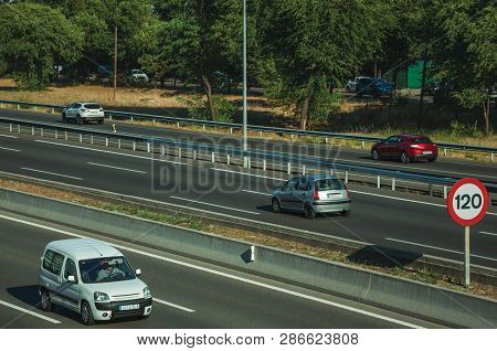 Sunlight Over Cars In A Multi Lane Highway With Heavy Traffic At Business District Near The Barajas 