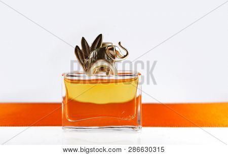 Prague, Czech Republic- January 22, 2019. Perfume KENZO bottle on white background. Kenzo Jungle L'elephant 