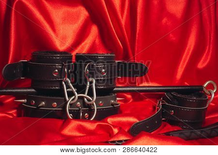 Close Up Bdsm Outfit. Bondage, Kinky Adult Sex Games, Kink And Bdsm Lifestyle Concept With A Pair Of