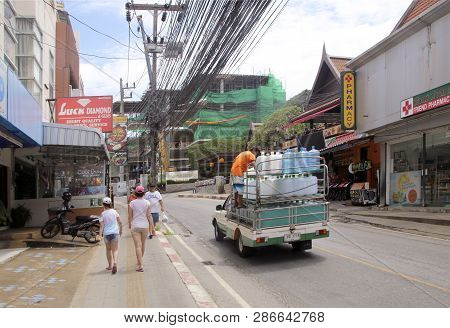 Karon Village, Phuket, Thailand - February 25, 2019: Patak Road Street With Numerous Shops And Store
