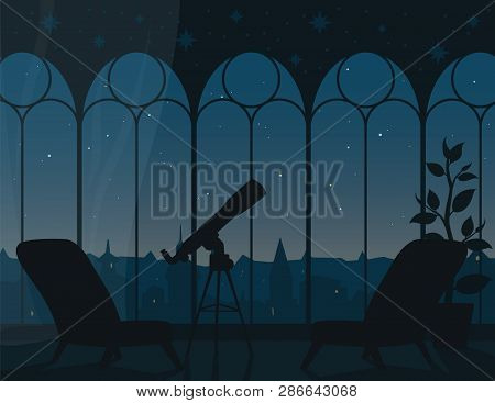 Panoramic View From Room Through Arched Windows To Evening Starry Sky Of Town. Vector Illustration O