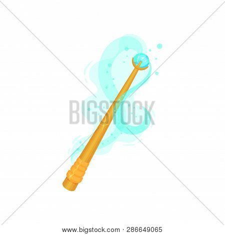 Golden Magic Wand With Blue Shiny Gemstone. Stick With Magical Power. Flat Vector For Mobile Game Or