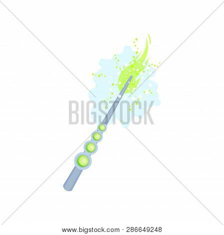 Wand With Gemstones And Magical Dust. Blue Stick With Magical Power. Flat Vector For Children Story 