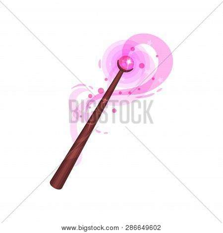 Flat Vector Icon Of Wooden Magic Wand With Pink Precious Stone. Stick With Magical Glow. Witchcraft 