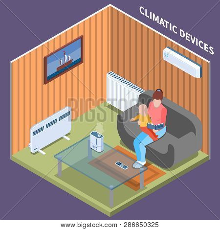 Home Climate Control Isometric Background With Young Woman Reading Book Her Baby In  Room Equipped W