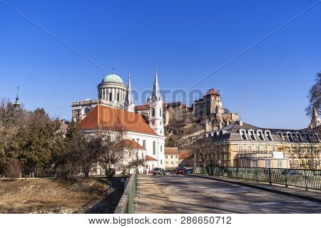 Castle In Hungary. Westerly Cathedral. The Biggest Church In Hungary.view Of An Esztergom Basilica,