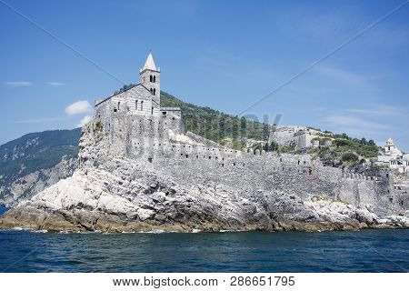 Porto Venere, La Spezia, Liguria, Italy, Europe: 08 August 2018. San Pietro Church On A Rocky Slope 