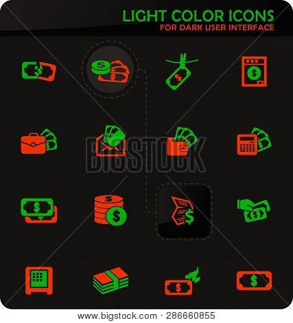 Money Easy Color Vector Icons On Dark Background For User Interface Design