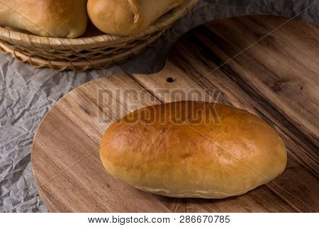Fresh Homemade Burger Bread Buns On Dark Wood Background