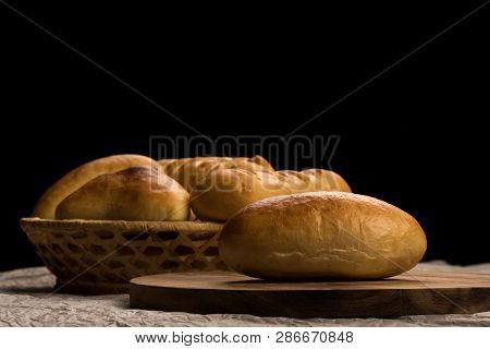 Fresh Homemade Burger Bread Buns On Dark Wood Background