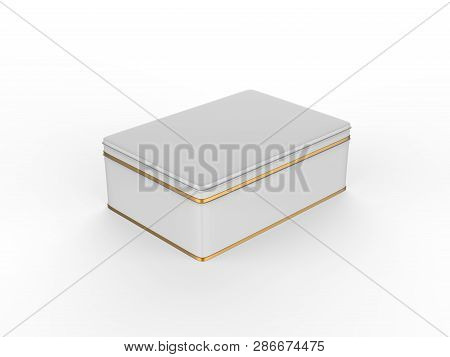 White Stainless Steel Tin Box, Shiny Metal Box Container On Isolated White Background, 3d Illustrati
