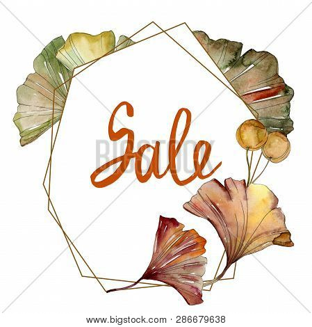 Green Red Ginkgo Biloba Leaves.watercolor Background Illustration Set. Frame Border Ornament Square.