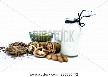 Close Up Of Face Mask Or Face Pack Of Walnut Along With Flax Seed Or Alsi, Almonds,yogurt And Milk I