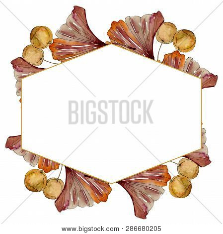 Green Red Ginkgo Biloba Leaves.watercolor Background Illustration Set. Frame Border Ornament Square.