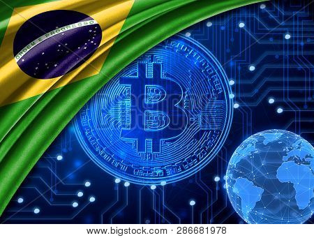 Flag Of Brazil Is Shown Against The Background Of Crypto Currency Bitcoin. Global World Crypto Curre