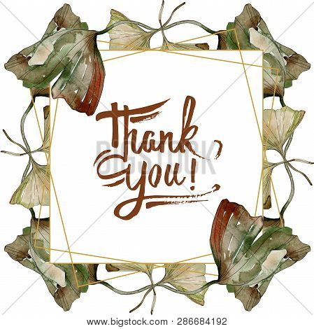 Green Red Ginkgo Biloba Leaves.watercolor Background Illustration Set. Frame Border Ornament Square.