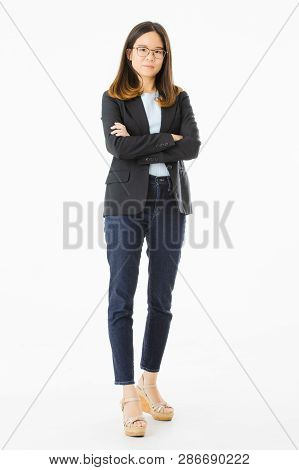 Full Length Shot Of Happy, Young, Beautiful, Asian Lady, Long Black Hair, Wearing Eyeglasses In Smar
