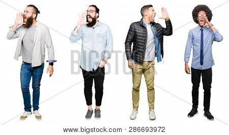 Collage of group of young men over white isolated background shouting and screaming loud to side with hand on mouth. Communication concept.