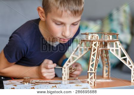 Young Boy Playing With Eco Wooden Constructor