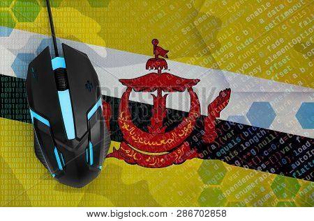 Brunei Darussalam Flag  And Computer Mouse. Digital Threat, Illegal Actions On The Internet