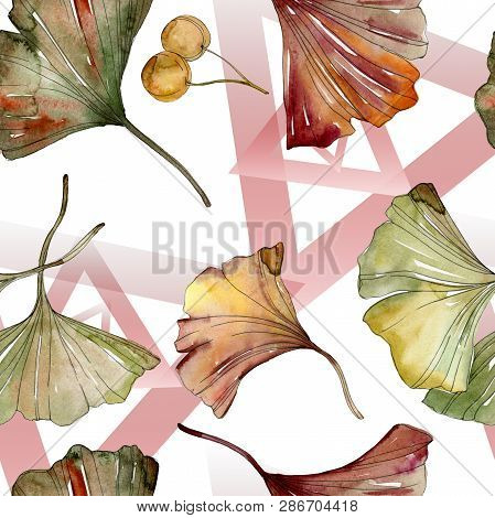 Green Red Ginkgo Biloba Leaves. Watercolor Background Illustration Set. Seamless Background Pattern.