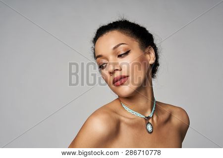 Beauty Portrait Of Beautiful Mixed Race Woman Wearing Chocker