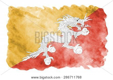 Bhutan Flag  Is Depicted In Liquid Watercolor Style Isolated On White Background