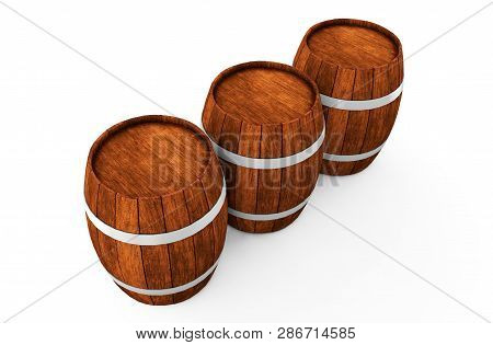 Wooden Barrel With Iron Hoops Isolated On White Background. 3d Rendering. Old Barrel With Rust On Th
