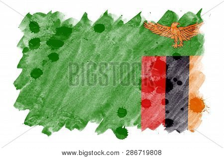 Zambia Flag  Is Depicted In Liquid Watercolor Style Isolated On White Background