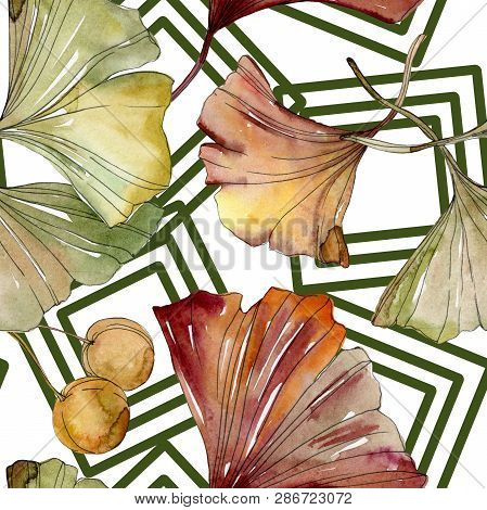 Green Red Ginkgo Biloba Leaves. Watercolor Background Illustration Set. Seamless Background Pattern.