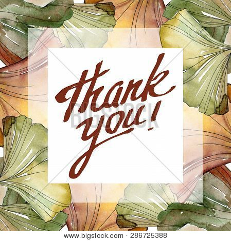 Green Red Ginkgo Biloba Leaves.watercolor Background Illustration Set. Frame Border Ornament Square.
