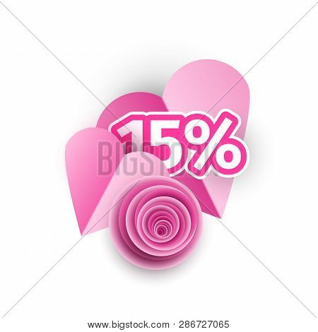 Heart, Rose Bud 3d Papercut Illustration. Pink Blossom Isolated Origami Volumetric Composition. Disc