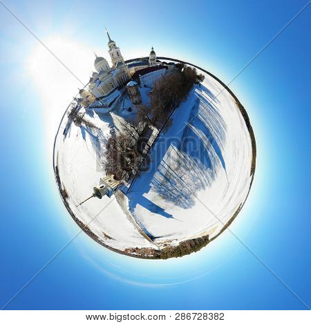 Nilov Hermitage. Monastery On The Island Among The Frozen Lake. Panorama Little Planet