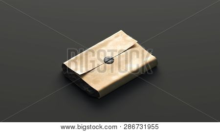 Blank Black Adhesive Sticker On Craft Wrapping Paper Mockup On Dark Background, 3d Rendering. Empty 
