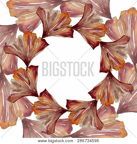 Green Red Ginkgo Biloba Leaves.watercolor Background Illustration Set. Frame Border Ornament Square.