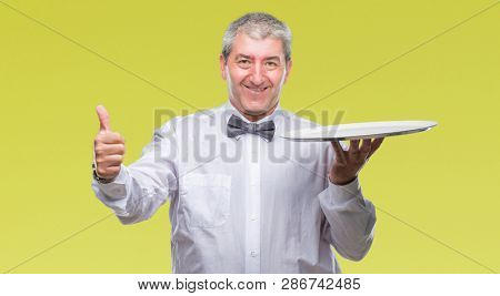 Handsome senior waiter man holding silver tray over isolated background happy with big smile doing ok sign, thumb up with fingers, excellent sign
