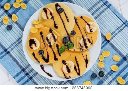 Pancake Food Blueberry Chocolate Toppping Flat Lay. Fried Golden Sweet Flapjacks For Tasty Shrovetid