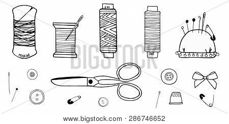 Large Set Of Vector Sewing Supplies Made Of Cissors, Threads, Needles, Needle Cases, Buttons