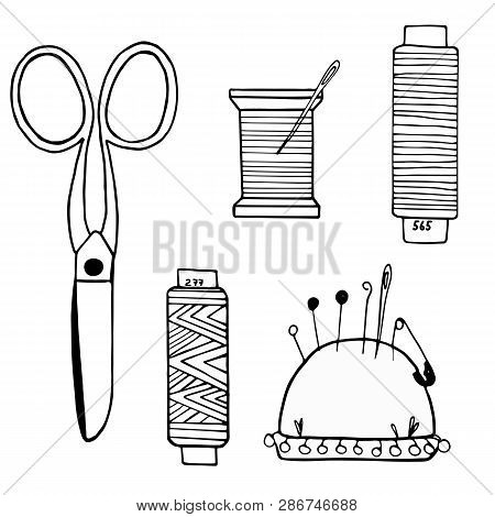 Large Set Of Vector Sewing Supplies Made Of Cissors, Threads, Needles, Needle Cases, Buttons