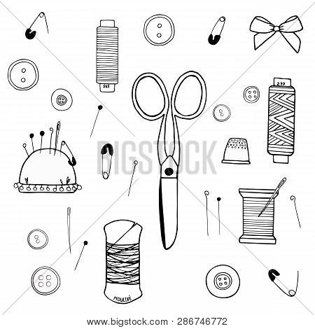 Large Set Of Vector Sewing Supplies Made Of Cissors, Threads, Needles, Needle Cases, Buttons