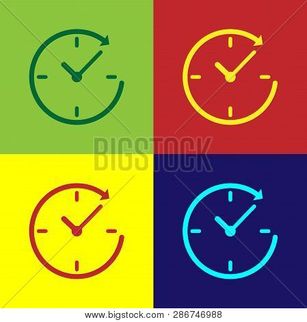 Color Clock With Arrow Icon Isolated On Color Backgrounds. Time Symbol. Clockwise Rotation Icon Arro