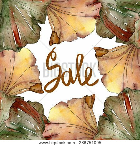 Green Red Ginkgo Biloba Leaves.watercolor Background Illustration Set. Frame Border Ornament Square.