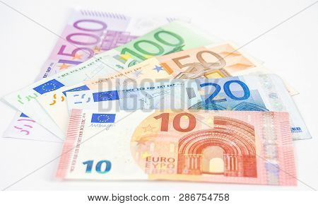 Five Euro Bills Totalling To 680 Euro Bill. Consisting Of 500 100 50 20 And 10 Euro Bills