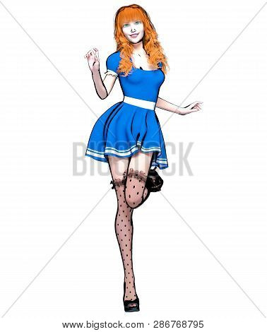 Sexy Anime 3d Doll Japanese Anime Girl Big Green Eyes.short Blue Dress Dark Stockings.cartoon, Comic