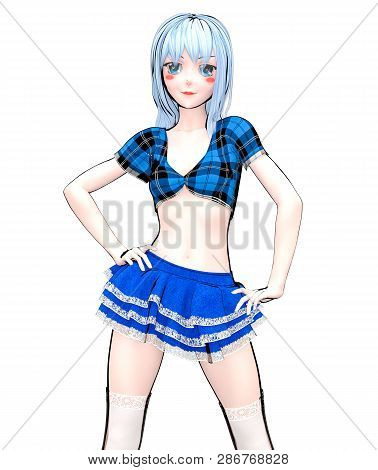 Sexy Anime 3d Doll Japanese Anime Schoolgirl Big Blue Eyes.short Blue Jeans Skirt Blouse.cartoon, Co